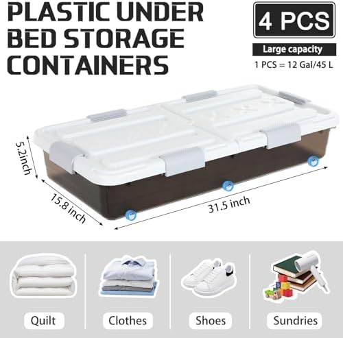 Beeveer 4 Pcs Plastic Under Bed Storage Container 31.5x15.8x5.2inch, Brown - Image 2
