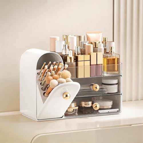 HBlife Makeup Organizer Countertop with Drawers, Vanity Organizers with Brush Holder, Bathroom Counter Organizer for Perfume, Nail Polishes, Lipsticks, Skincare and Eyeshadow Palettes, White and Clear - Image 2