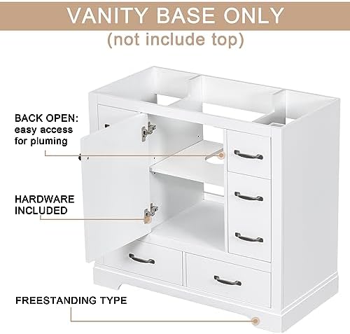 Flieks 36" Bathroom Vanity Without Sink, Cabinet Base Only, Six Drawers, Multi-Functional Drawer Divider, Adjustable Shelf, White - Image 4