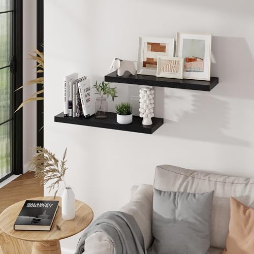 Floating Shelves for Wall, 24in Black Wooden Shelves Set of 2 - Image 5