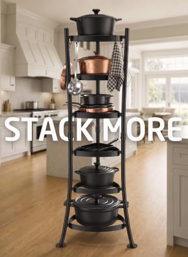 KES 264 Lbs Capacity Freestanding Pot Rack, 6-Tier Cast Iron Cookware Stand with 6 Hooks, Pots and Pans Storage Tower for Kitchen Corner, Stable Base, Anti-tip Strap & Floor Protectors, Black - Image 2