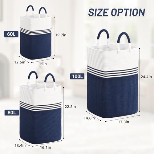Laundry Basket Hamper,Blanket Storage,Dirty Clothes Hamper with Swivel Handles,Woven Cotton Rope Toy Baskets,Blanket Basket Living Room,Decorative Hampers for Nursery,Bedroom,White & Blue,80L - Image 5
