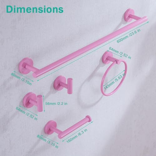 Pink Bathroom Hardware Set,5 Pieces Bathroom Towel Bar Set,24 inch Towel Bar,Towel Ring for Bathroom,Robe Towel Hooks,Toilet Paper Holder Wall Mounted(Drilling),SE96006S-5PK - Image 2