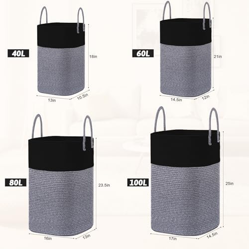 Laundry Basket,Woven Cotton Rope Laundry Hamper,Versatile Storage for Dirty Clothes,Baby Toys,and Blankets in Bathroom, Nursery,and Living Room (Black, 100L) - Image 3