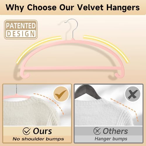 MIZGI 50 Pack Blush Pink Velvet Hangers - No Shoulder Bumps, Heavy Duty Non-Slip Chrome Hooks for Jackets, Coats, Pants - Image 3