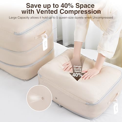 Homsorout 4 Pack Compression Storage Bags - 110L Large Capacity Comforter Storage Bag, 3-Layer Washable Ultra Space Saving Self Compression Organizer Space Bags for Blankets, Sweaters, Sheets, Beige - Image 3