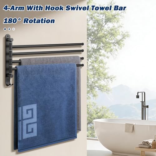 NearMoon Swivel Towel Rack, 19.5" Thicken 304 Stainless Steel 4-Arm Towel Bar, Space Saving Wall Mounted Towel Holder with Hook, Rustproof Swing Out Towel Hanger for Bathroom, Kitchen (Matte Black) - Image 3