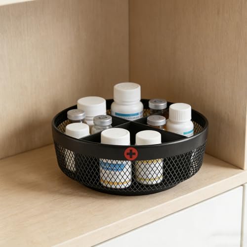 Rotating Medicine Organizer, 11.4 in Lazy Susan Pill Bottle Organizer with 4 Divided Sections, Metal Mesh Turntable Storage Basket for Cabinet, Countertop, Bathroom, Vitamins, Supplements - Image 5