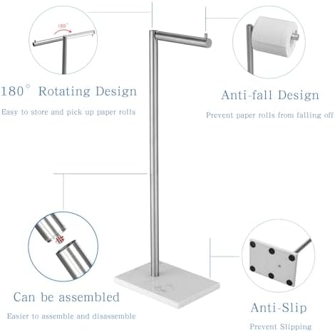 304 Stainless Steel Freestanding Toilet Paper Holder with Marble Base - Multi-Roll Capacity, No-Drill Installation, Bathroom Organizer for Compact Spaces (Brushed/White Marble) - Image 3