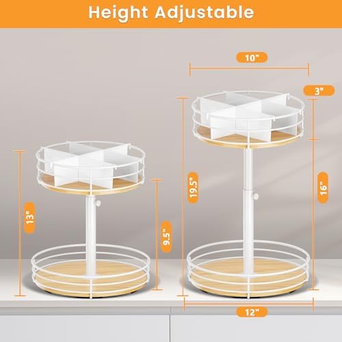2 Tier Lazy Susan with Adjustable Height and Metal Divider Design, White - Image 3