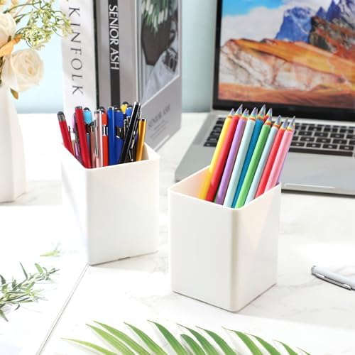 Jutom 8 Pcs White Acrylic Pen Holder for Desk, Pencil Cup Bulk Makeup Brush Storage Organizer, Desktop Pencil Cup Stationery Desktop Stationery Organizer for Office School Home Supplies - Image 4