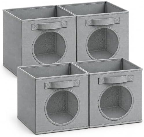 Fabric Storage Cubes with Mesh Window, 11'' Cube Storage Bin, Gray, 4 Pack by Vailando