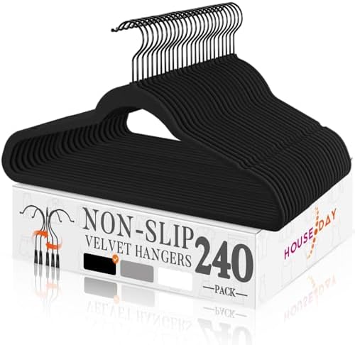 HOUSE DAY Black Velvet Hangers 240 Pack, Non Slip Felt Hanger +Black Hook by HOUSEDAY