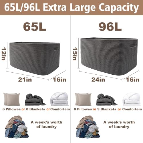 JMvicyroam 96L Large Woven Cotton Rope Blanket Basket, Grey - Image 3