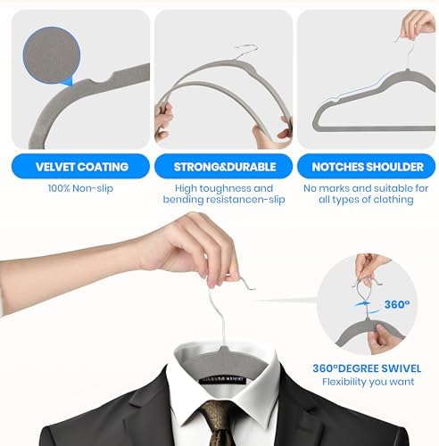 YSSOA Velvet Hangers 50 Pack, Non-Slip Clothes Hangers with Shoulder Notches, 360° Swivel Hooks, Heavy Duty Standard Hanger for Closet Space Saving, Grey - Image 3