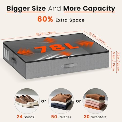 XXXL 78L Under Bed Storage, Storage Containers with Support & Clear Lid, Support Frame, Underbed Storage Bins for Clothes, Shoes, Blankets, and Toys 2 pack - Image 2