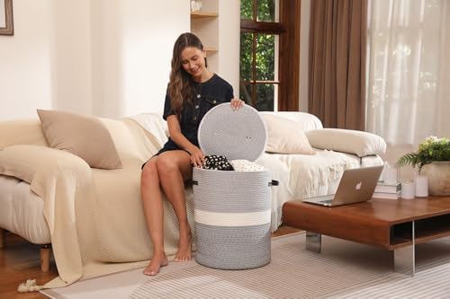 16"x20" Extra Large Cotton Rope Basket with Zipper Lid, Woven Laundry Hamper and Blanket Storage Basket, Round Clothes Bin for Living Room Bedroom, Dual Grey - Image 5