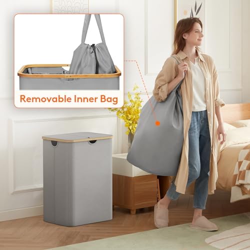 Lifewit 150L Large Laundry Basket with Lid, 2 Removable Bags, Sliver Gray - Image 2