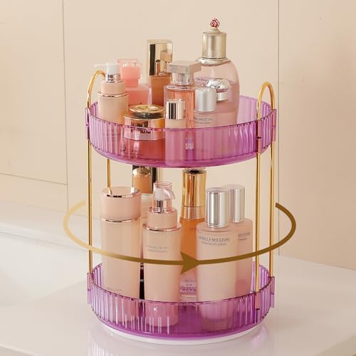Aveniee Rotating Makeup Organizer for Vanity, Perfume Skincare Organizers Spinning, 2 Tier Bathroom Countertop Storage, Cosmetics Lipstick Holder for Counter Dresser,Purple by Aveniee