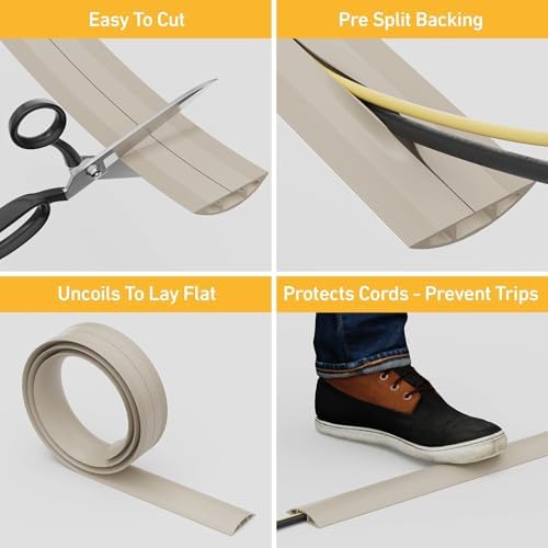D-Line 30ft Floor Cord Cover, Floor Cable Protector, Extension Cord Cover, Protect Wires & Prevent Cable Trips, Cable Management Solution - Cord Cavity = 0.63" (W) x 0.31" (H) - Beige - Image 2