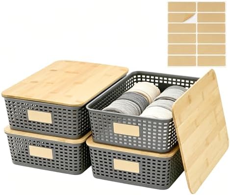 Bagnizer 4 Pack Plastic Storage Bins with Bamboo Lids, 6.2qt Stackable Storage Organizer Box with Lable for Pantry Shelves Drawers Desktop Office, 12"L x 8.3"W x 3.5"H, Gray by Bagnizer