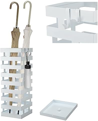 Tudomro Umbrella Stands for Entryway Large Metal Umbrella Holder 6.3 x 5.5 x 16.5 Inches with Removable Water Tray and Hooks Decor Freestanding Rectangular Storage Hollow Rack for Home Office (White) by Tudomro