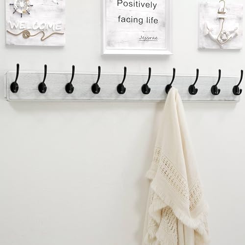Dseap Wall Mounted Coat Rack: 38-1/4" Long, Patented, Heavy-Duty, 10-Double-Hooks Wooden Hanger Rail for Winter Coats, Hat, Jacket, Clothing - White & Black, Pack of 2 - Image 5