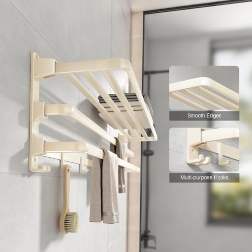 VOLDRA Towel Racks for Bathroom, 24-Inch Towel Shelf with 2 Towel Bar Foldable Towel Holder with 7 Hooks Towel Storage Organizer for Bathroom & Lavatory Wall Mounted(Milky White) - Image 3