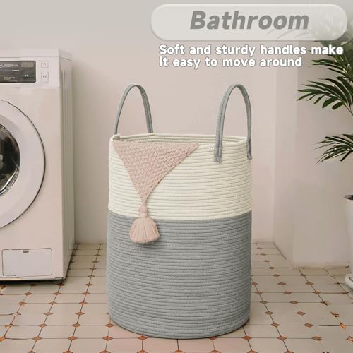 JMvicyroam 60L Cotton Rope Laundry Basket Hamper, White and Grey - Image 5