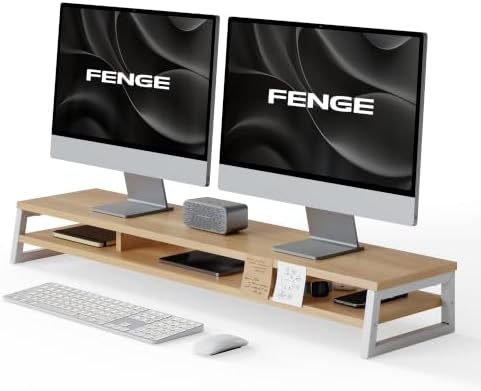 Fenge Dual Monitor Riser for Desk, Open Shelf with 3 Storage Compartments by Fenge