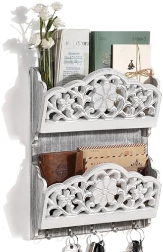 Key and Mail Holder for Wall, 2-Slot Mail Organizer Wall Mount 5 Key Hooks by JAZUIHA