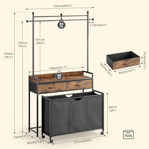 Mondeer 150L Laundry Sorter with Hanging Rack, 3 Compartments, 2 Drawers - Image 6