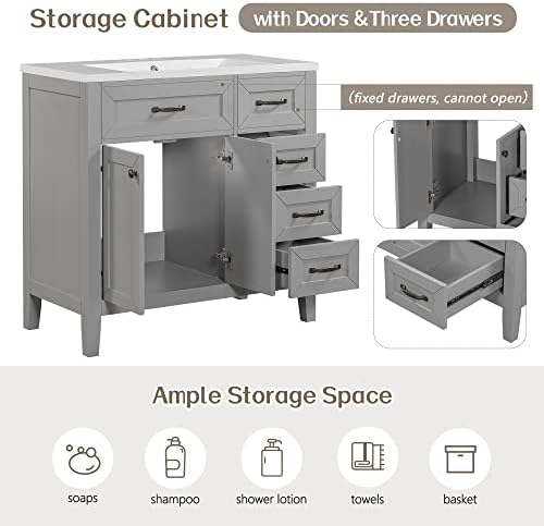 Flieks 36" Bathroom Vanity Without Sink, Cabinet Base Only, Bathroom Cabinet with Drawers, Solid Frame and MDF Board, Grey - Image 4