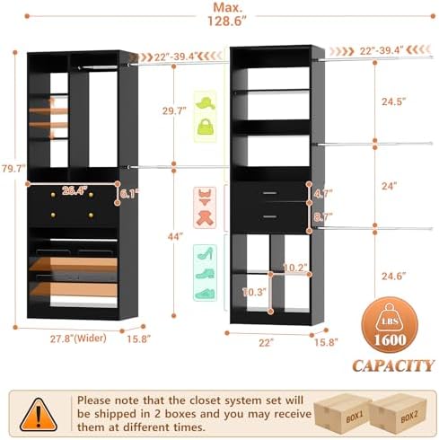 Besiost Closet System, Up to 128.6"/10.7 FT Closet Organizer with 4 Wooden Drawers and Shelves, Walk-in Closet System with 6 Hanging Rods, Built-in Closet Can Fit 96"/8FT, 120"/10FT, Black Set 2 - Image 3