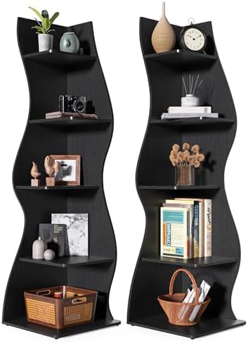 LITTLE TREE Small Corner Shelf, Modern 5-Tier Wall Corner Bookshelf, Stylish Bookcase Storage Rack for Small Space, Living Room, Bedroom, Black, 2 Pack by LITTLETREE