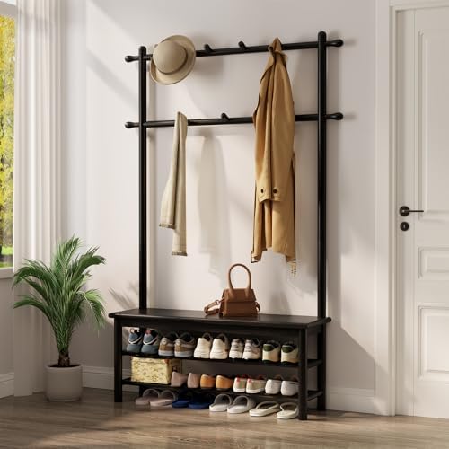 AQIMUELE Coat Rack with Shoe Storage, Wooden Hall Tree with Bench, 11 Hooks and 2-Tier Storage Shelves, 3-in-1, Entryway Bench with Coat Rack (39.3"-Black) by AQIMUELE