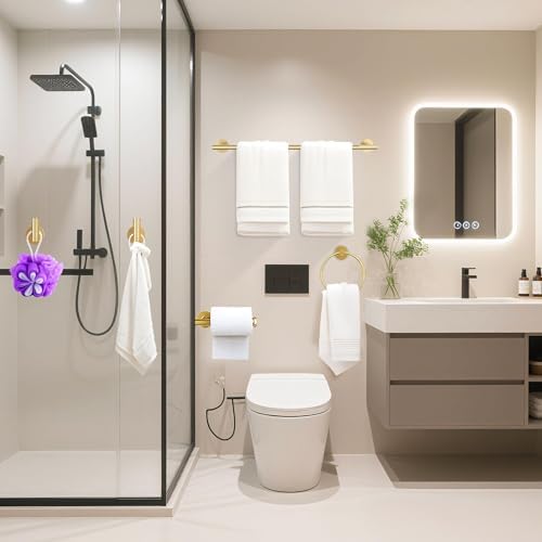 6 Pieces Brushed Gold Bathroom Hardware Accessories Set Hand Towel Ring 16&23.6 inch Round Towel Bar Toilet Paper Holder Towel Hooks 2 Pieces SUS 304 Stainless Steel,Heavy Duty,Wall Mounted - Image 2