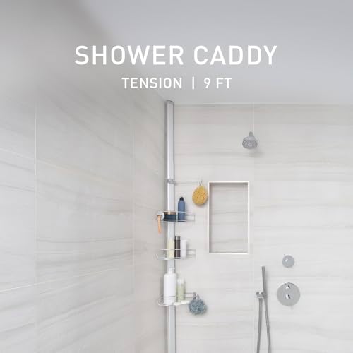 simplehuman Tension Pole Shower Caddy, No-Drill Floor to Ceiling Bathroom Organizer for Bathtub & Inside Shower, Extends 6 to 9 Feet, 3 Adjustable Shelves, Rust-Proof Stainless Steel - Image 3