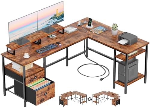 Furologee 66'' L Shaped Desk with Power Outlet and 2 Drawers, Rustic Brown by Furologee