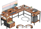 Furologee 66'' L Shaped Desk with Power Outlet and 2 Drawers, Rustic Brown by Furologee