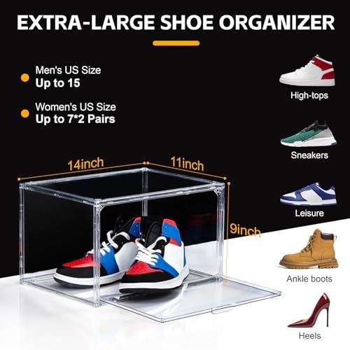 NYZE 12 Pack Acrylic Shoe Boxes Side Open, Clear Shoe Box Plastic Stackable, Shoe Storage Organizer with Magnetic Door, Shoe Display Shoe Containers with Lids Fits Up to Size 15 - Image 2