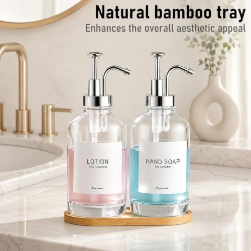 Kitchen Soap Dispenser Set of 2, 16.9 oz Glass, Silver Stainless Steel Pump - Image 3