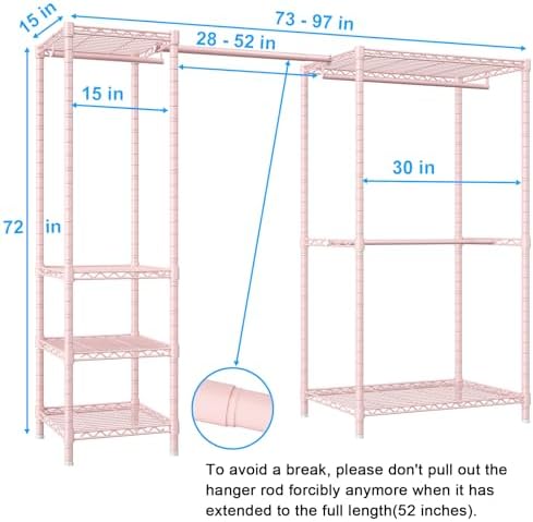 Ulif E10 Clothes Rack（With Stretchable Hanger Rod）Freestanding Clothing Racks for Hanging Clothes，Adjustable Closet Organizer System，Portable Garment Rack 73-97"W x 15" D x 72" H，Max Load 800LBS，Pink - Image 2