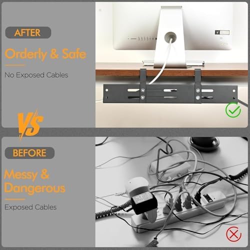 No Drill Under Desk Cable Management Tray, 17”-30” Retractable Cord Organizer for Table, Clamp Mount Wire Basket, Power Strip Holder & Metal Cord Organizer for Office, Home，Black - Image 4