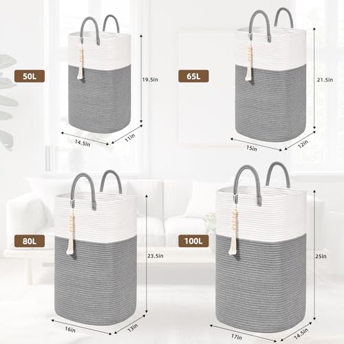Woven Laundry Basket for Clothes, 50L Large Rectangle Laundry Hampers with Beads Tassel, Nursery Storage Basket for Toys, Tall Dirty Clothes Hamper for Bedroom Aesthetic, Laundry Room Organization - Image 3