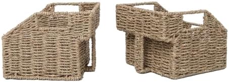 GYASVWU Seagrass Pantry Baskets for Organizing, Wicker Storage Baskets for High Shelves with Handles, Rattan Baskets for Home, Cabinet, Farmhouse, 2 Pack (Seagrass Color) by GYASVWU