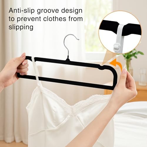 60 Pack Black Velvet Felt Pants Hangers with 60 Hooks, Heavy Duty Space Saving Clothes Hangers with 360° Swivel Hook, Non Slip Thin Cute Flocked Design for Shirts, Coats, Dresses & Closet Organization - Image 5