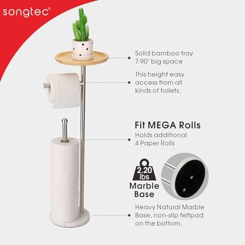 Toilet Paper Holder Stand with 7.9" Big Bamboo Tray, 2.2Lbs Heavier Marble Base, Floor Standing Paper Holder Stand with Phone Shelf, Reserve for 4 Rolls (Brushed Nickel) - Image 5