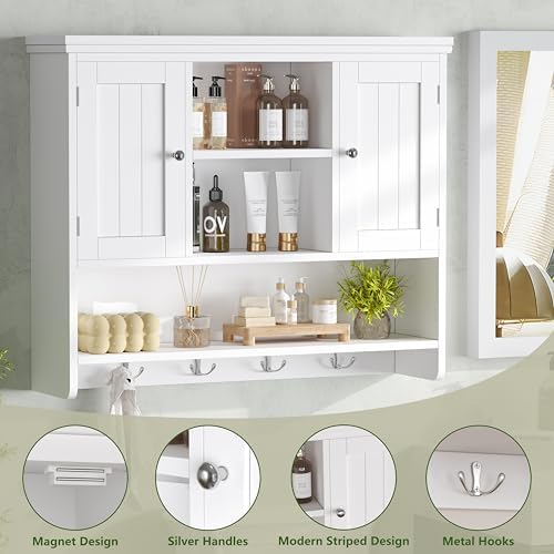 31.5"W Bathroom Wall Cabinet with Hooks, 3-Tier Wall Mounted Cabinet - Image 5