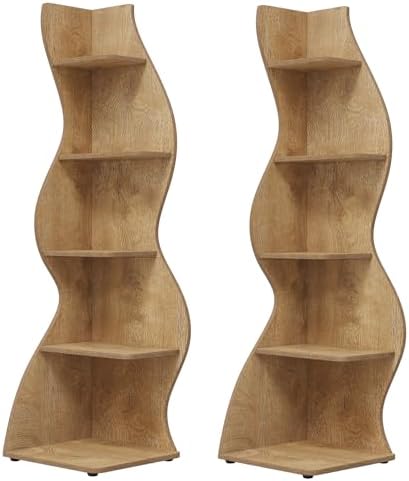 Tribesigns Corner Shelf, Modern 5-Tier Wall Corner Bookshelf, Stylish Corner Small Bookcase Storage Rack Plant Stand with Unique Shape for Living Room, Home Office (Light Brown, 2PCS) - Image 7